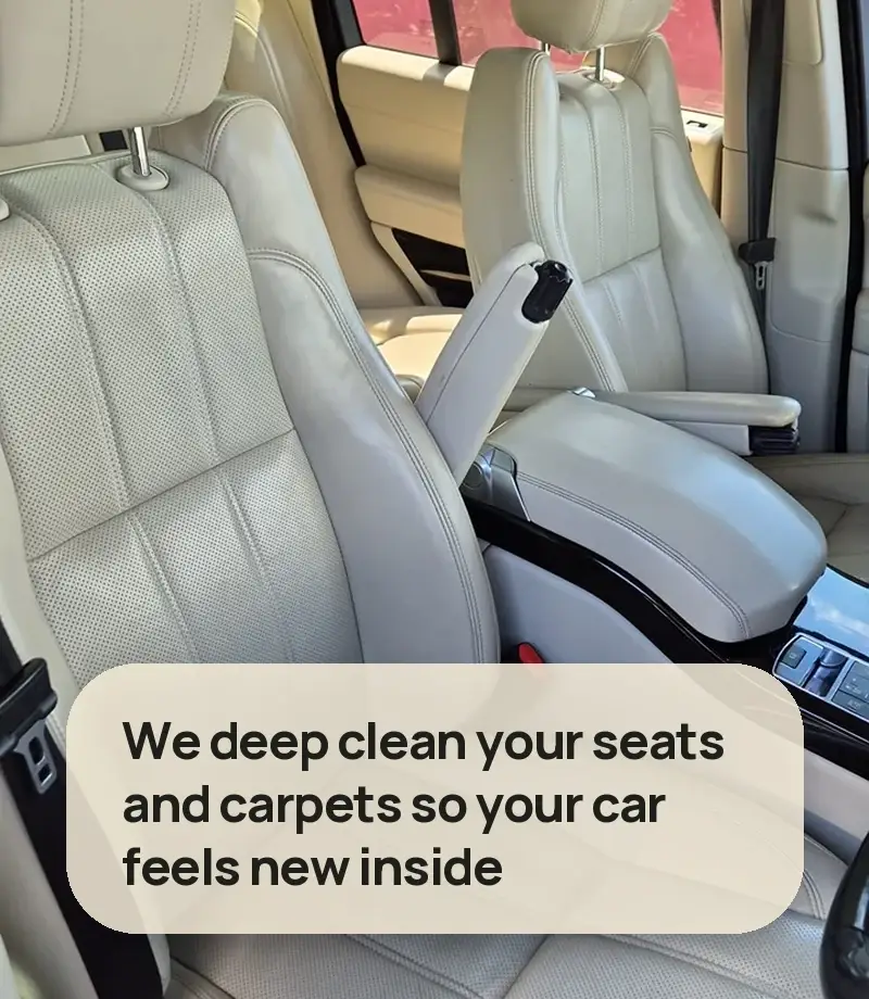 We deep clean your seats and carpets so your car feels new inside - spotless cream leather Range Rover seats